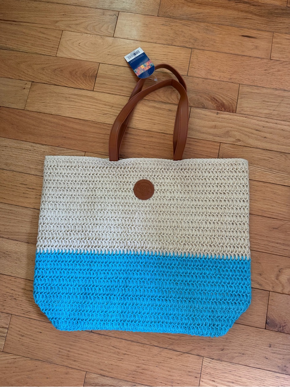 Brand New with Tags Boat Beach Tote with Brown Handles - Cream & Blue